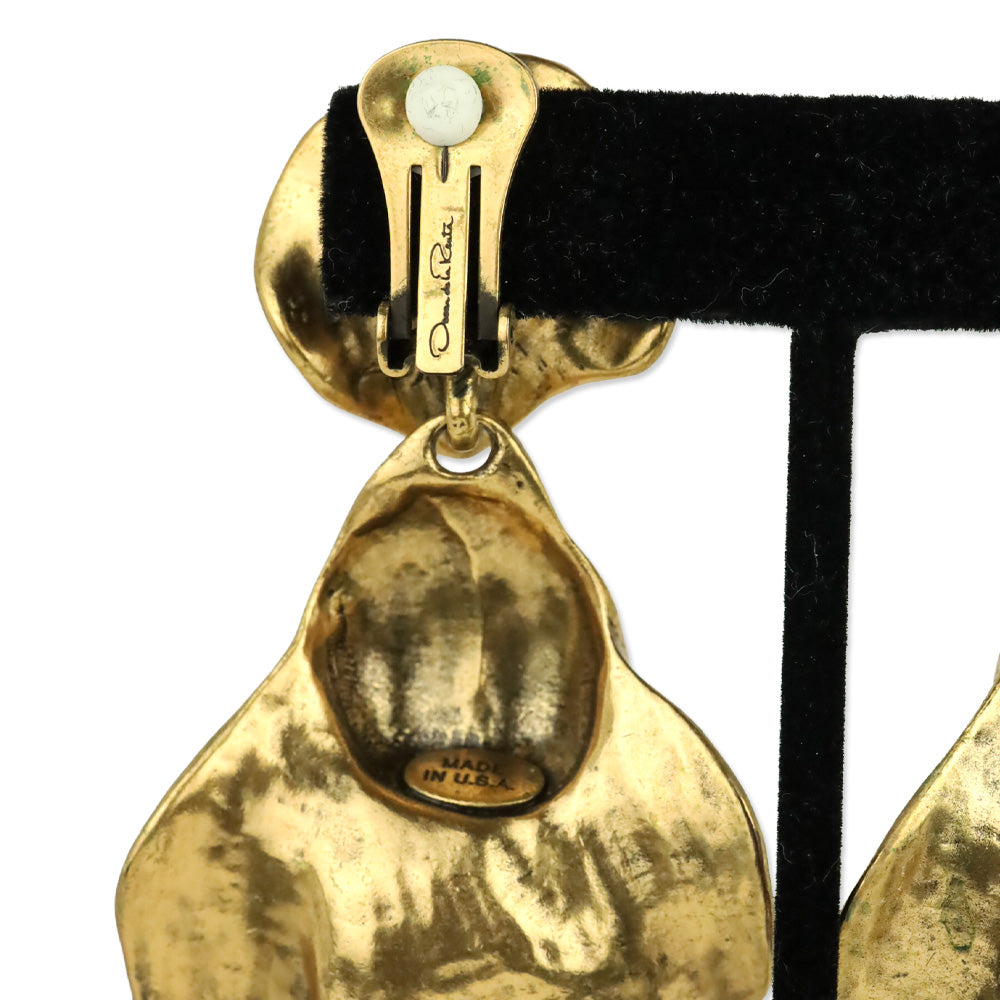 Oscar de la Renta Gold Hammered Flower Drop Clip-On Earrings