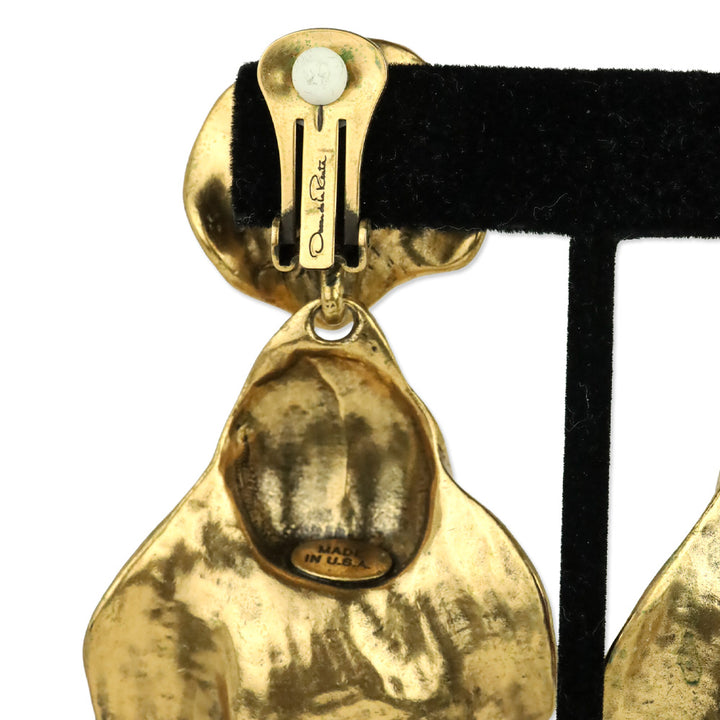 Oscar de la Renta Gold Hammered Flower Drop Clip-On Earrings