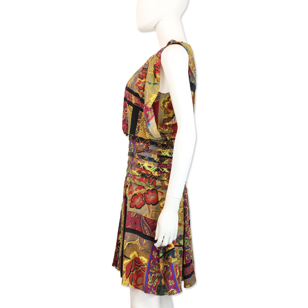 Oscar de la Renta Multi Mixed Print Sleeveless Pleated Midi Dress