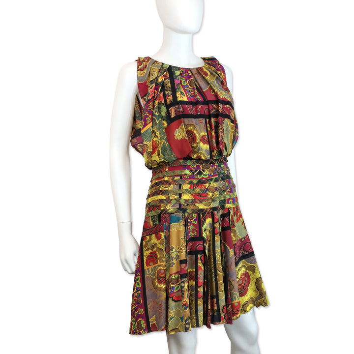 Oscar de la Renta Multi Mixed Print Sleeveless Pleated Midi Dress