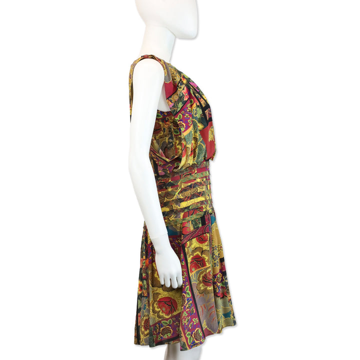 Oscar de la Renta Multi Mixed Print Sleeveless Pleated Midi Dress