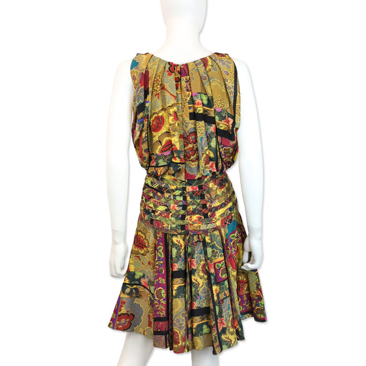 Oscar de la Renta Multi Mixed Print Sleeveless Pleated Midi Dress