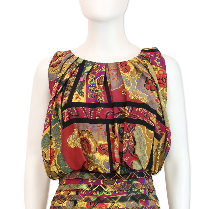 Oscar de la Renta Multi Mixed Print Sleeveless Pleated Midi Dress