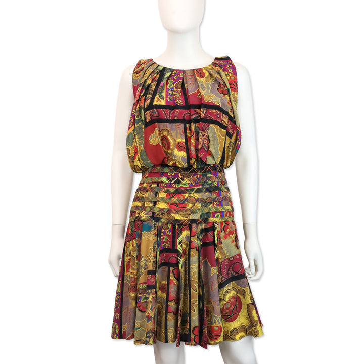 Oscar de la Renta Multi Mixed Print Sleeveless Pleated Midi Dress
