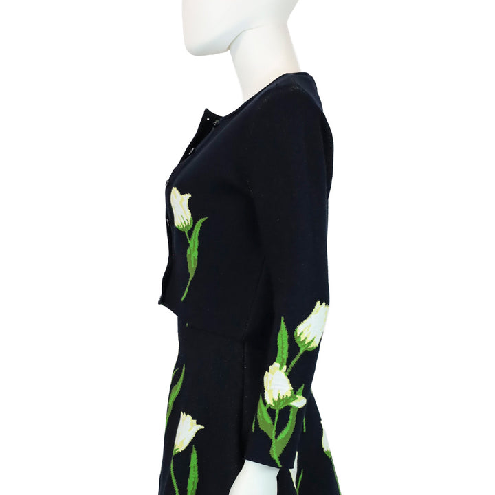 Oscar de la Renta Navy Multi Tulip Jacquard Cropped Cardigan