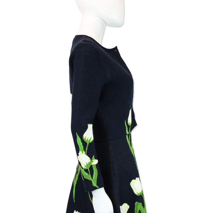 Oscar de la Renta Navy Multi Tulip Jacquard Cropped Cardigan