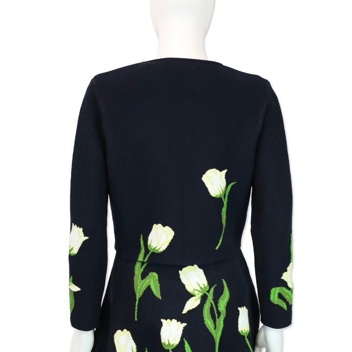 Oscar de la Renta Navy Multi Tulip Jacquard Cropped Cardigan