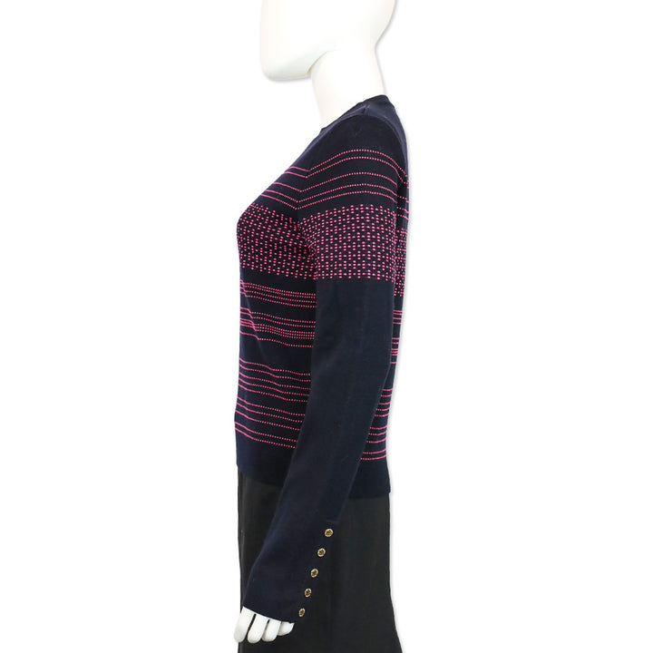 Oscar de la Renta Navy and Pink Striped Wool Knit Sweater