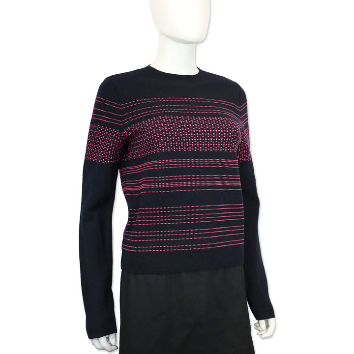 Oscar de la Renta Navy and Pink Striped Wool Knit Sweater