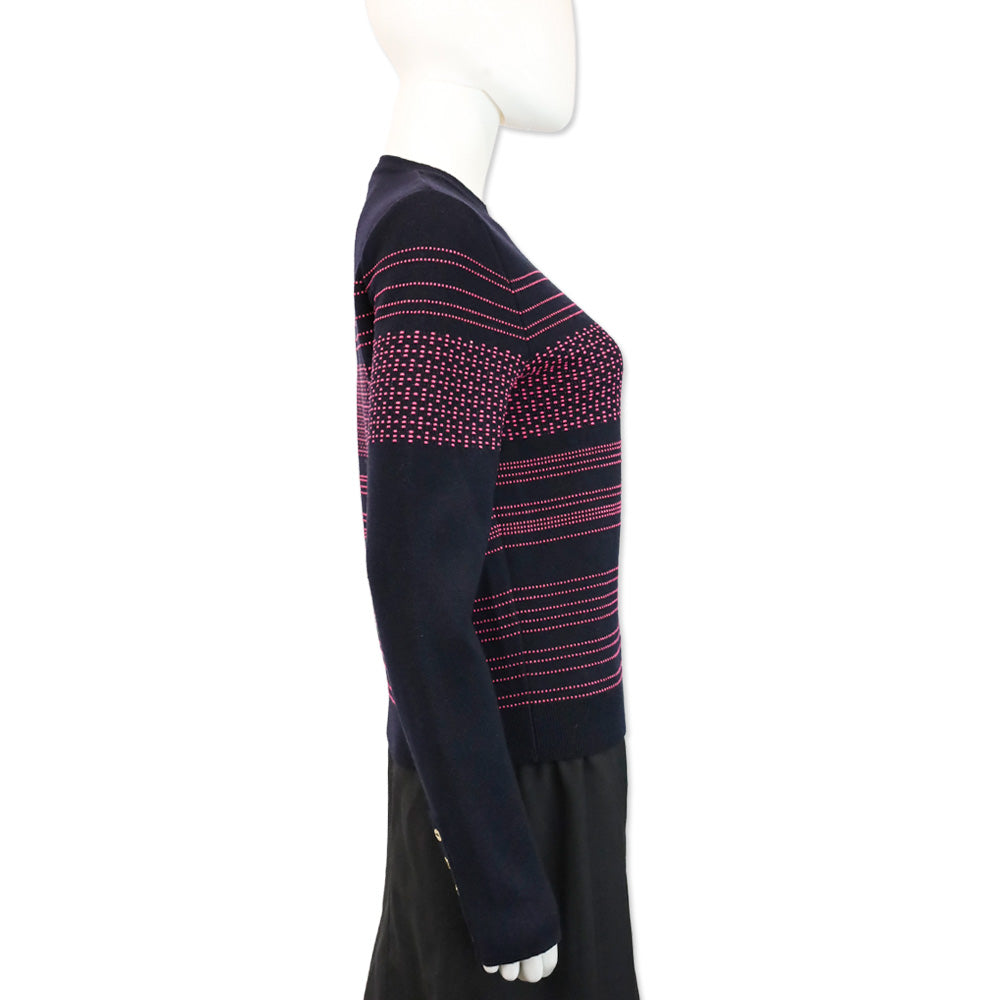 Oscar de la Renta Navy and Pink Striped Wool Knit Sweater