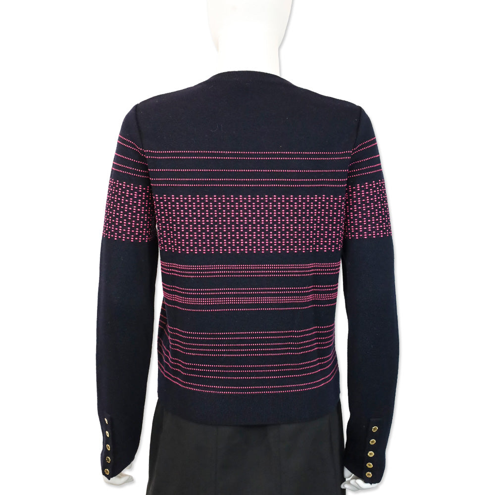 Oscar de la Renta Navy and Pink Striped Wool Knit Sweater