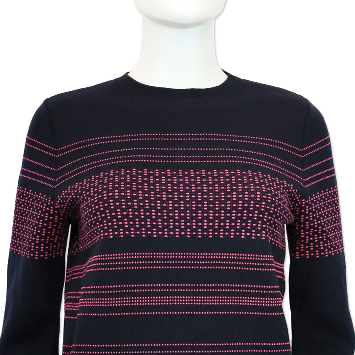 Oscar de la Renta Navy and Pink Striped Wool Knit Sweater