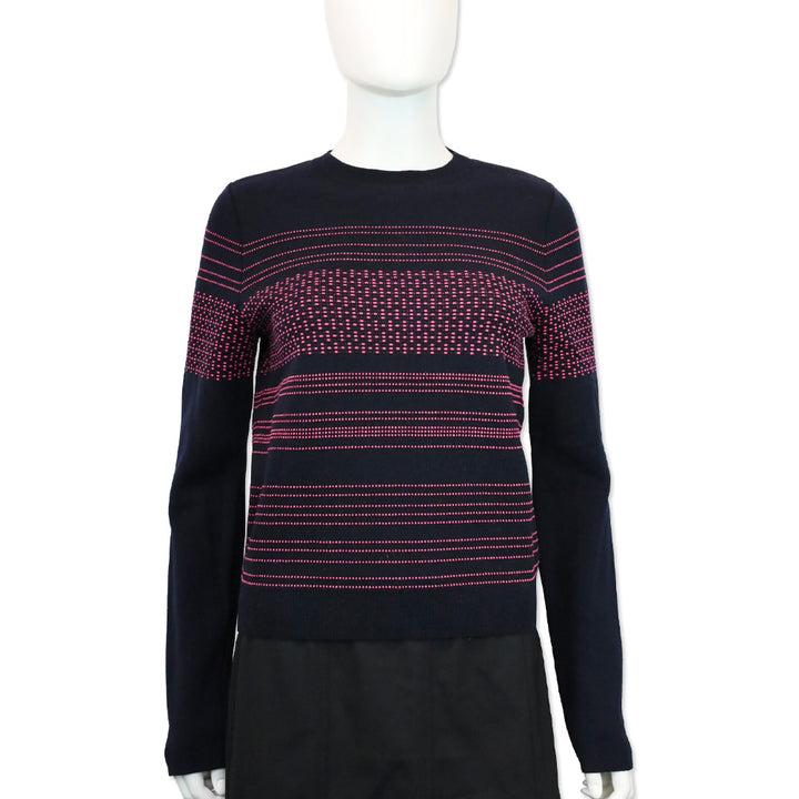 Oscar de la Renta Navy and Pink Striped Wool Knit Sweater