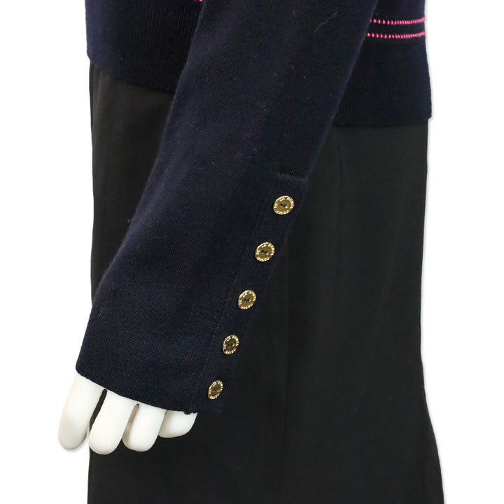 Oscar de la Renta Navy and Pink Striped Wool Knit Sweater