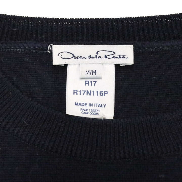 Oscar de la Renta Navy and Pink Striped Wool Knit Sweater