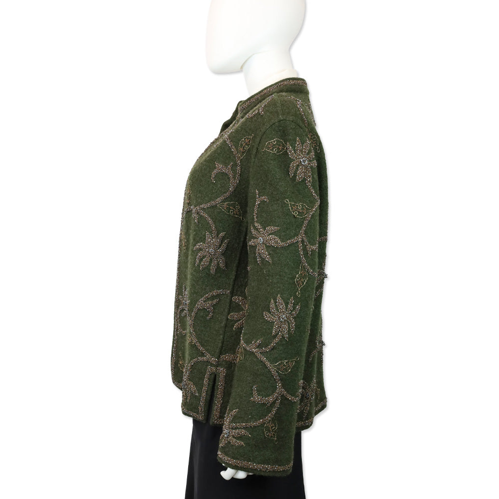 Oscar de la Renta Olive Green Floral Bead Embroidered Felted Wool Cardigan