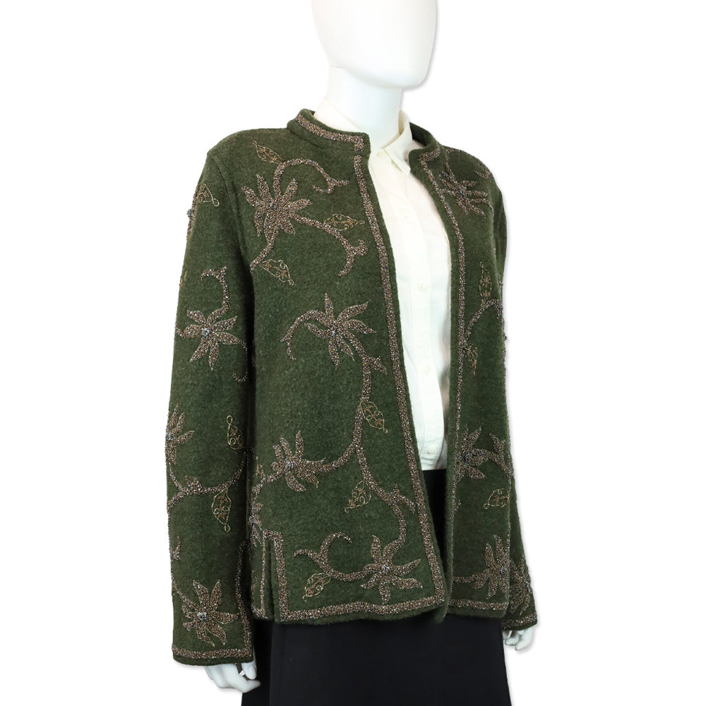 Oscar de la Renta Olive Green Floral Bead Embroidered Felted Wool Cardigan
