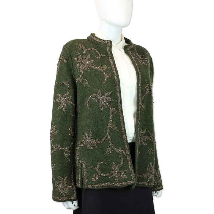 Oscar de la Renta Olive Green Floral Bead Embroidered Felted Wool Cardigan