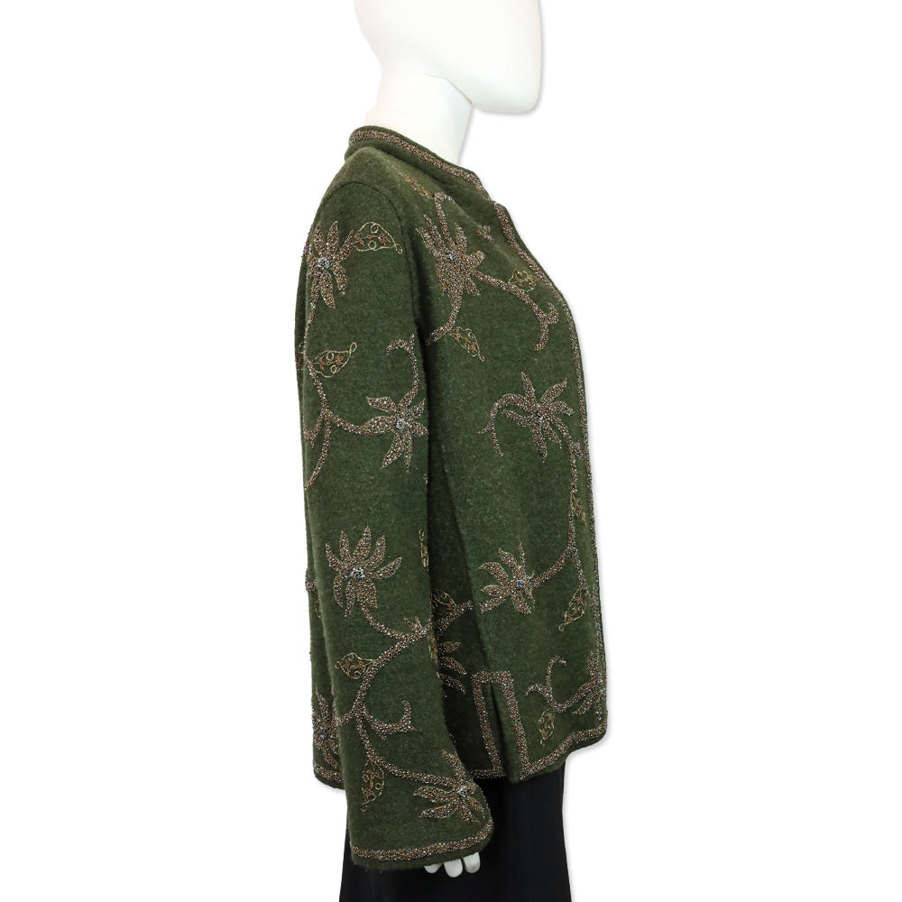 Oscar de la Renta Olive Green Floral Bead Embroidered Felted Wool Cardigan