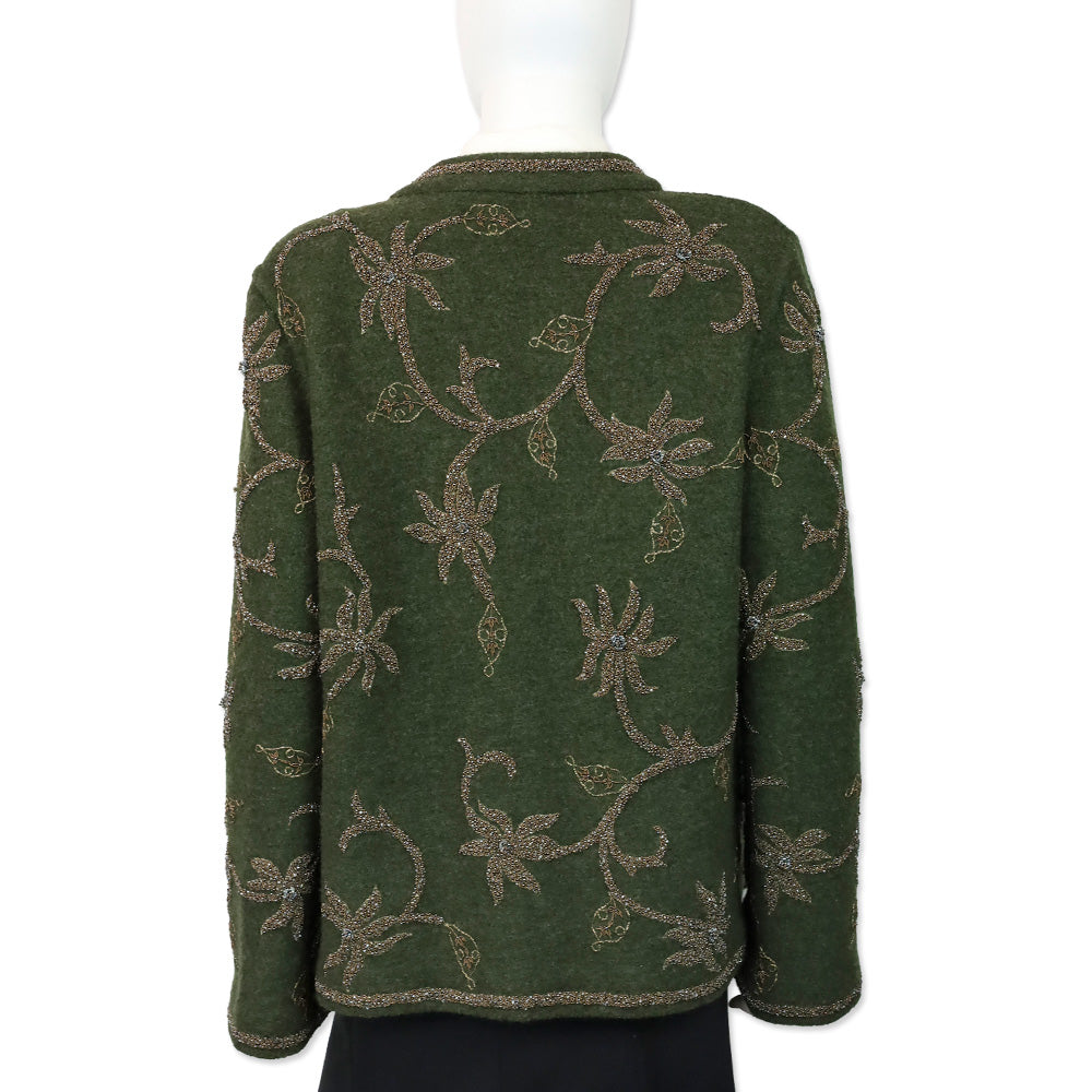 Oscar de la Renta Olive Green Floral Bead Embroidered Felted Wool Cardigan