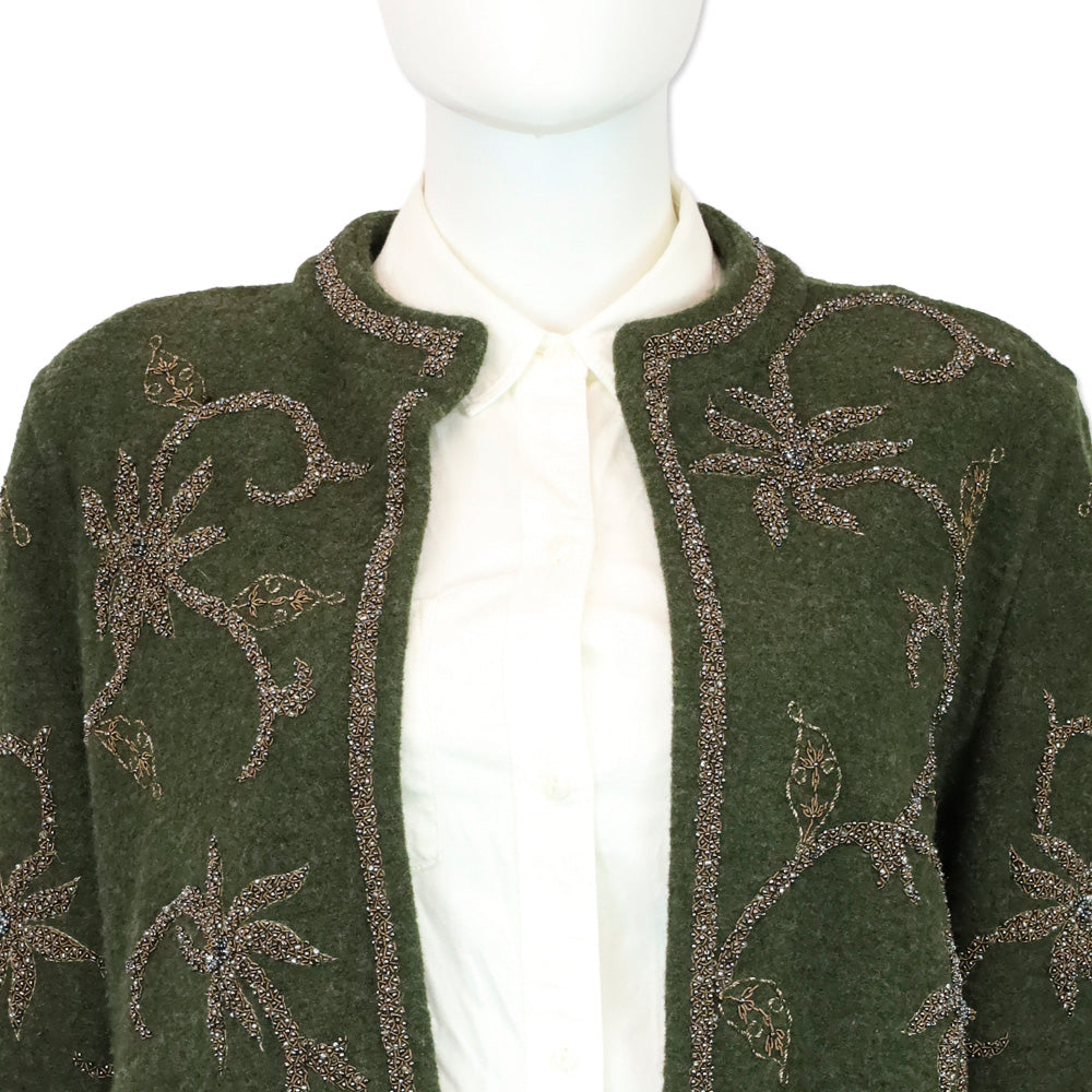 Oscar de la Renta Olive Green Floral Bead Embroidered Felted Wool Cardigan