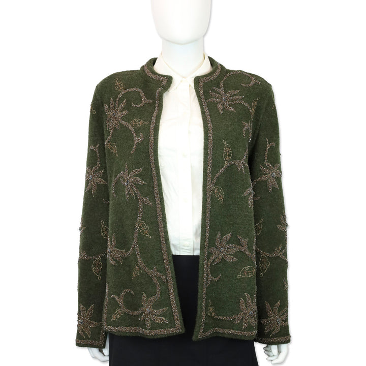 Oscar de la Renta Olive Green Floral Bead Embroidered Felted Wool Cardigan