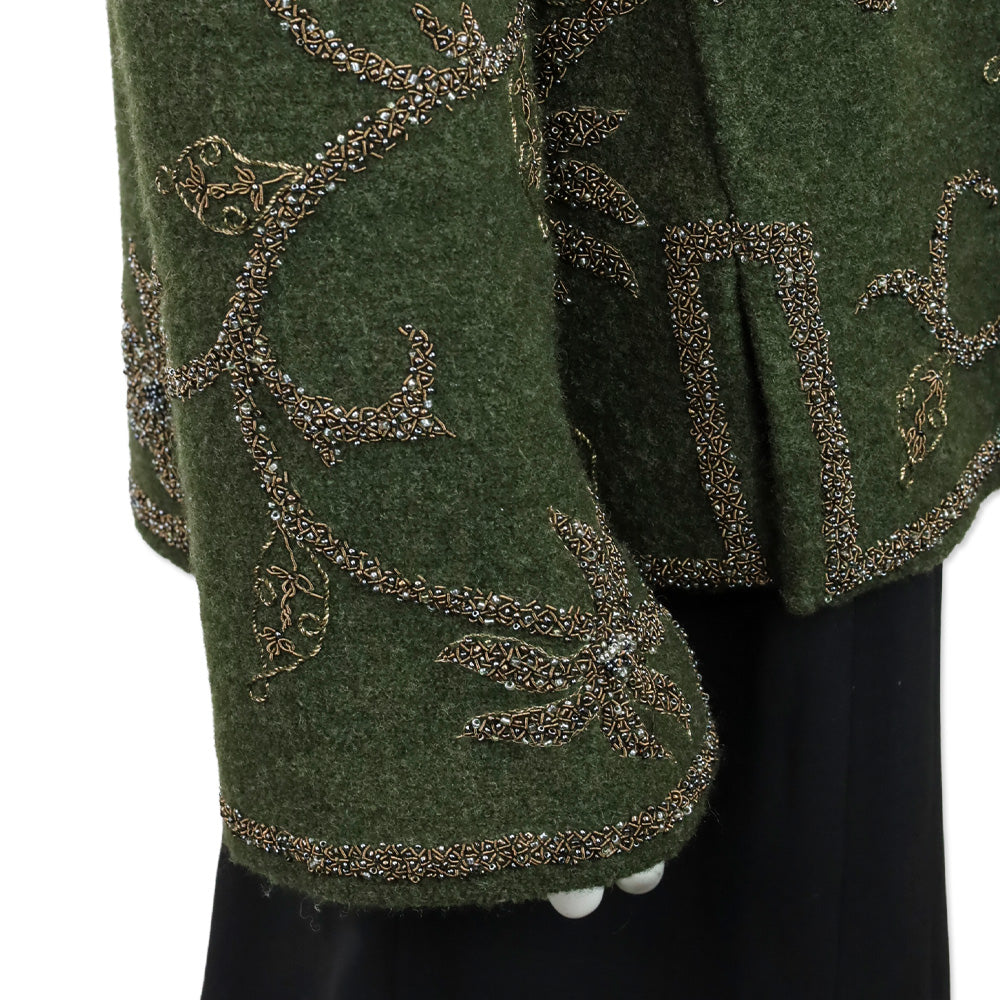 Oscar de la Renta Olive Green Floral Bead Embroidered Felted Wool Cardigan