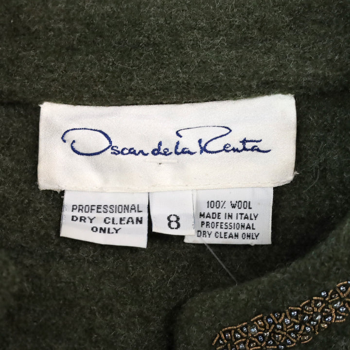 Oscar de la Renta Olive Green Floral Bead Embroidered Felted Wool Cardigan