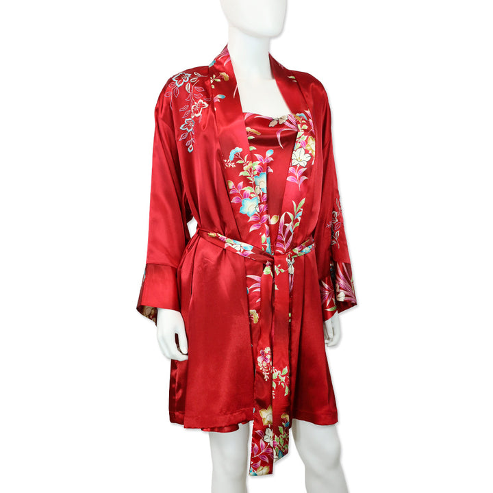 Oscar de la Renta Pink Label Red Floral Print Satin Robe