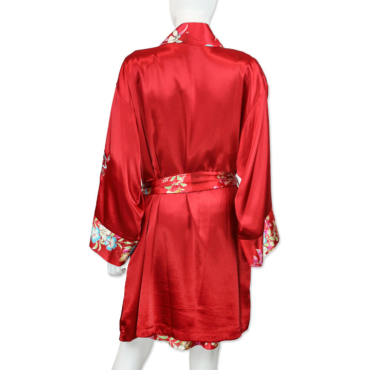 Oscar de la Renta Pink Label Red Floral Print Satin Robe