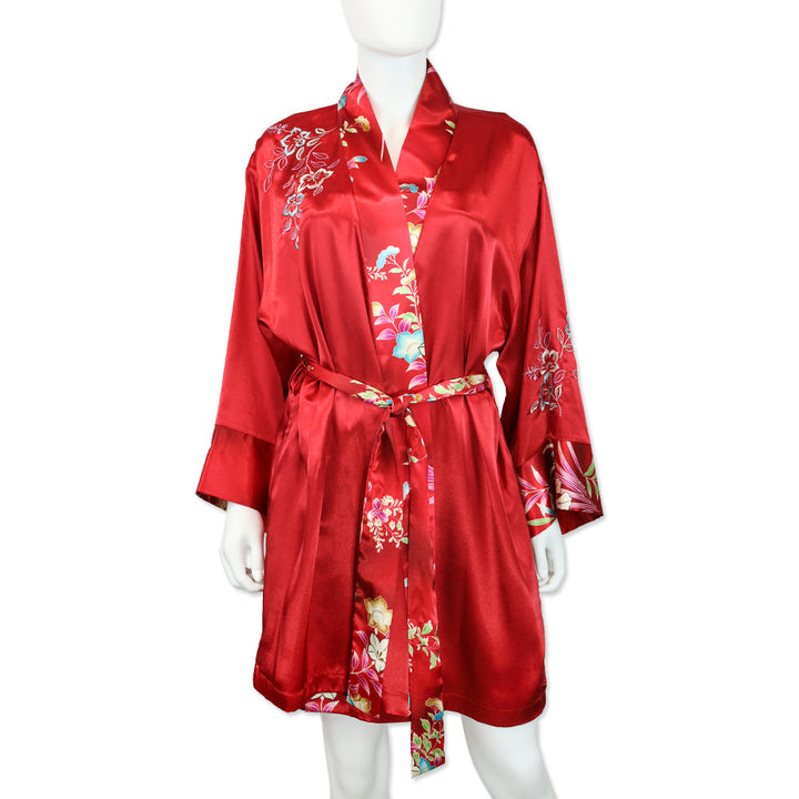 Oscar de la Renta Pink Label Red Floral Print Satin Robe