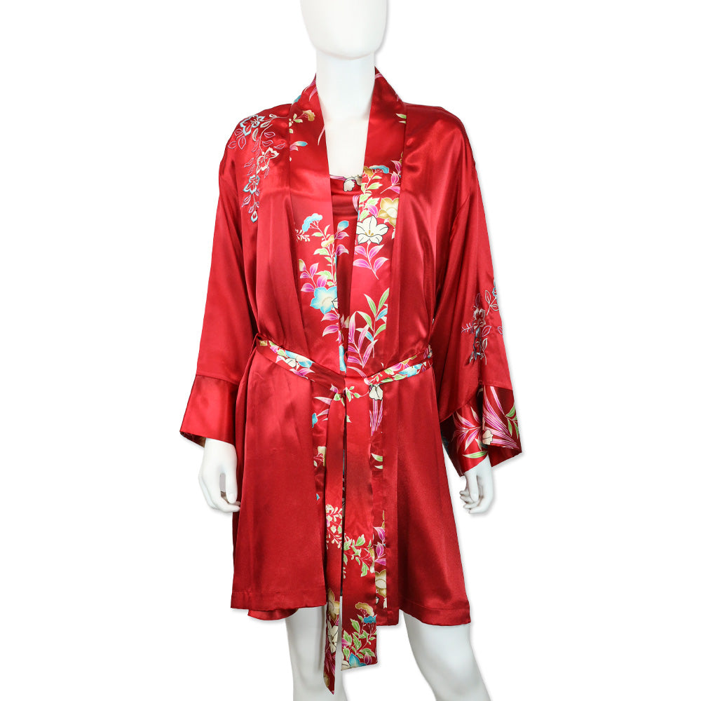 Oscar de la Renta Pink Label Red Floral Print Satin Robe