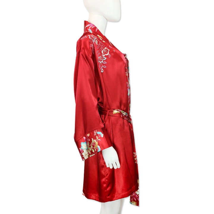Oscar de la Renta Pink Label Red Floral Print Satin Robe