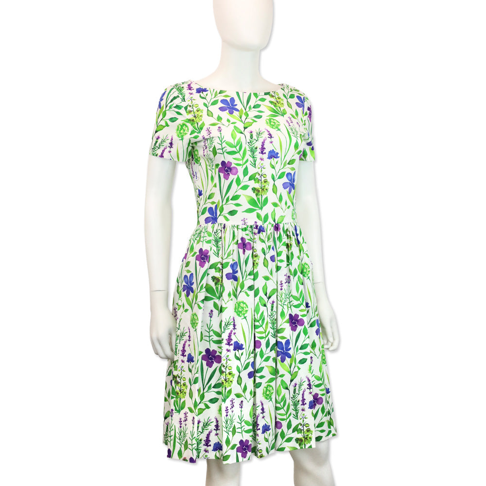Oscar de la Renta Purple/Blue Floral Printed White Cotton Short Sleeve Midi Dress