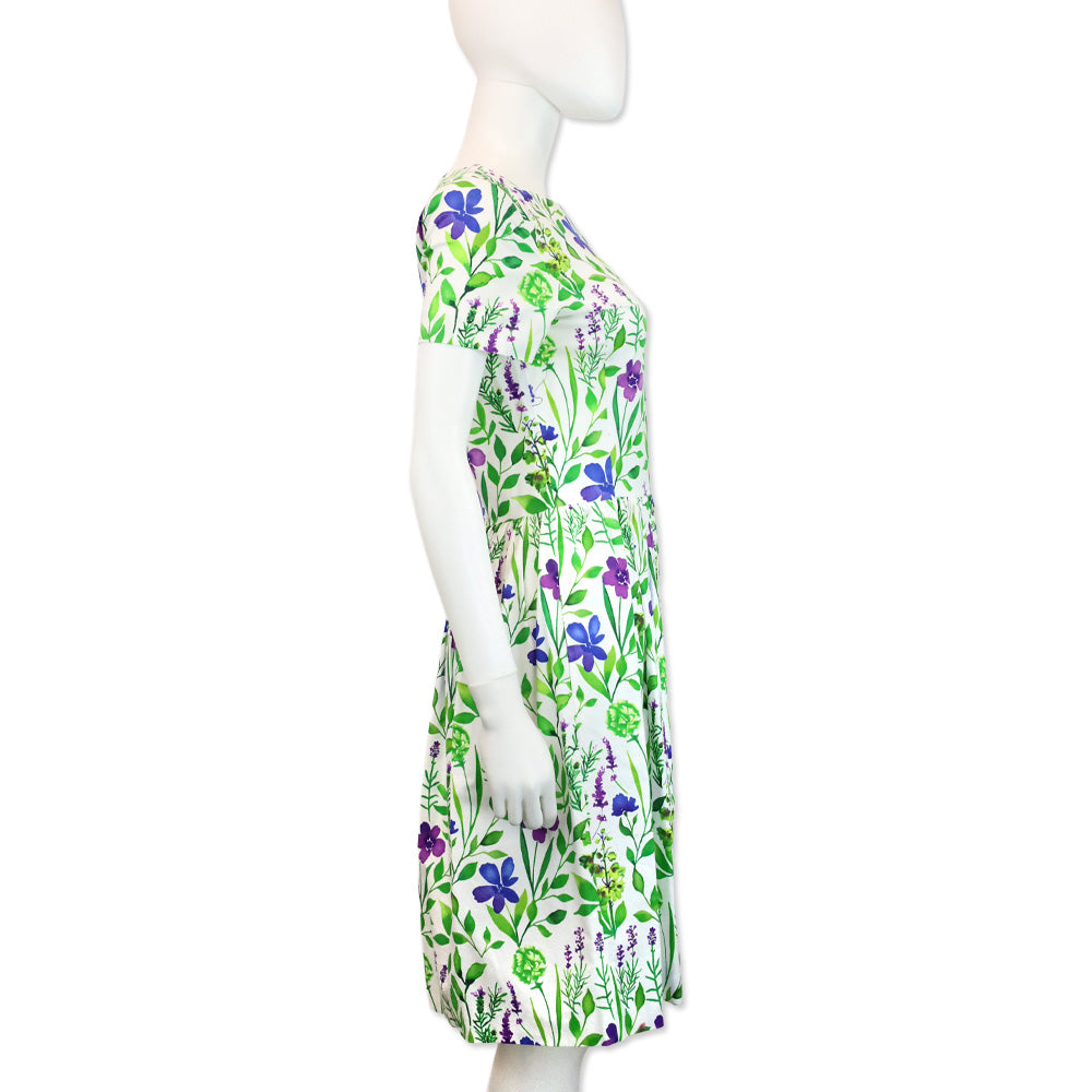 Oscar de la Renta Purple/Blue Floral Printed White Cotton Short Sleeve Midi Dress