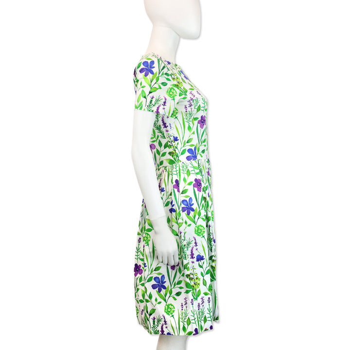 Oscar de la Renta Purple/Blue Floral Printed White Cotton Short Sleeve Midi Dress