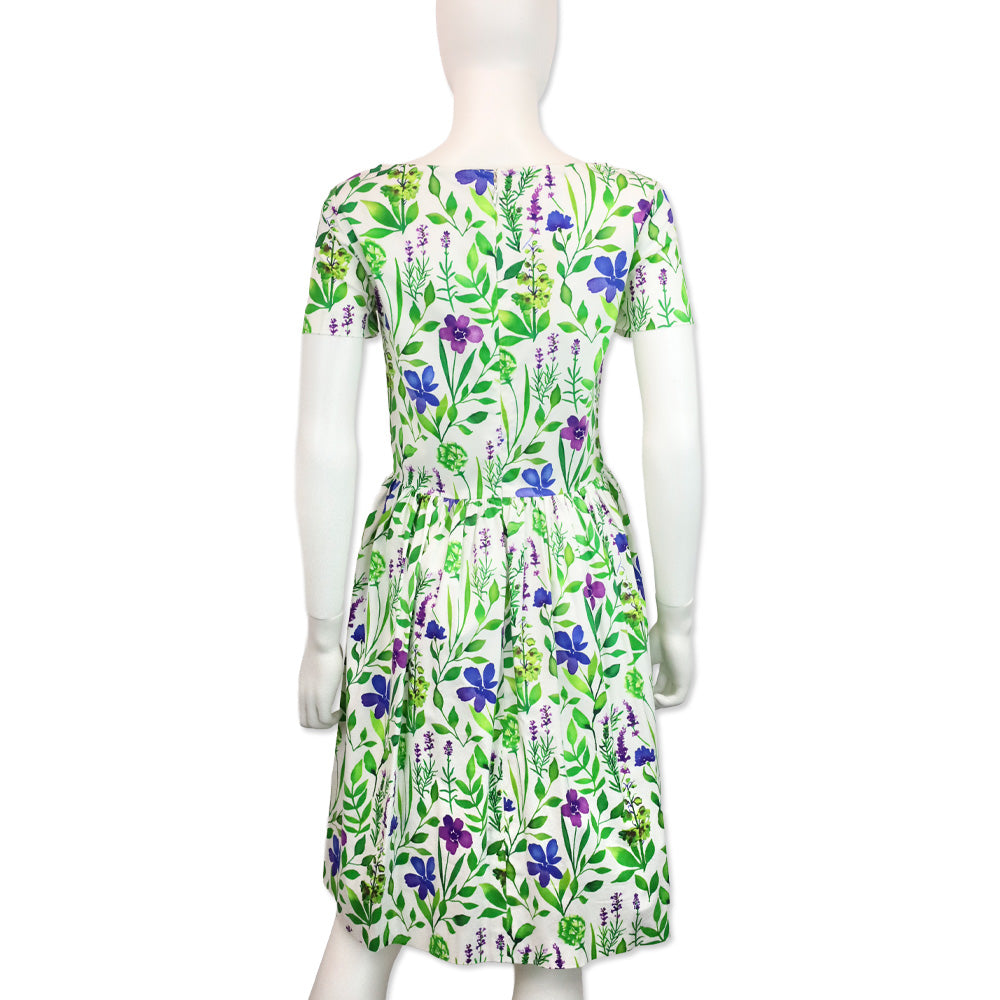 Oscar de la Renta Purple/Blue Floral Printed White Cotton Short Sleeve Midi Dress