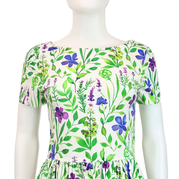 Oscar de la Renta Purple/Blue Floral Printed White Cotton Short Sleeve Midi Dress