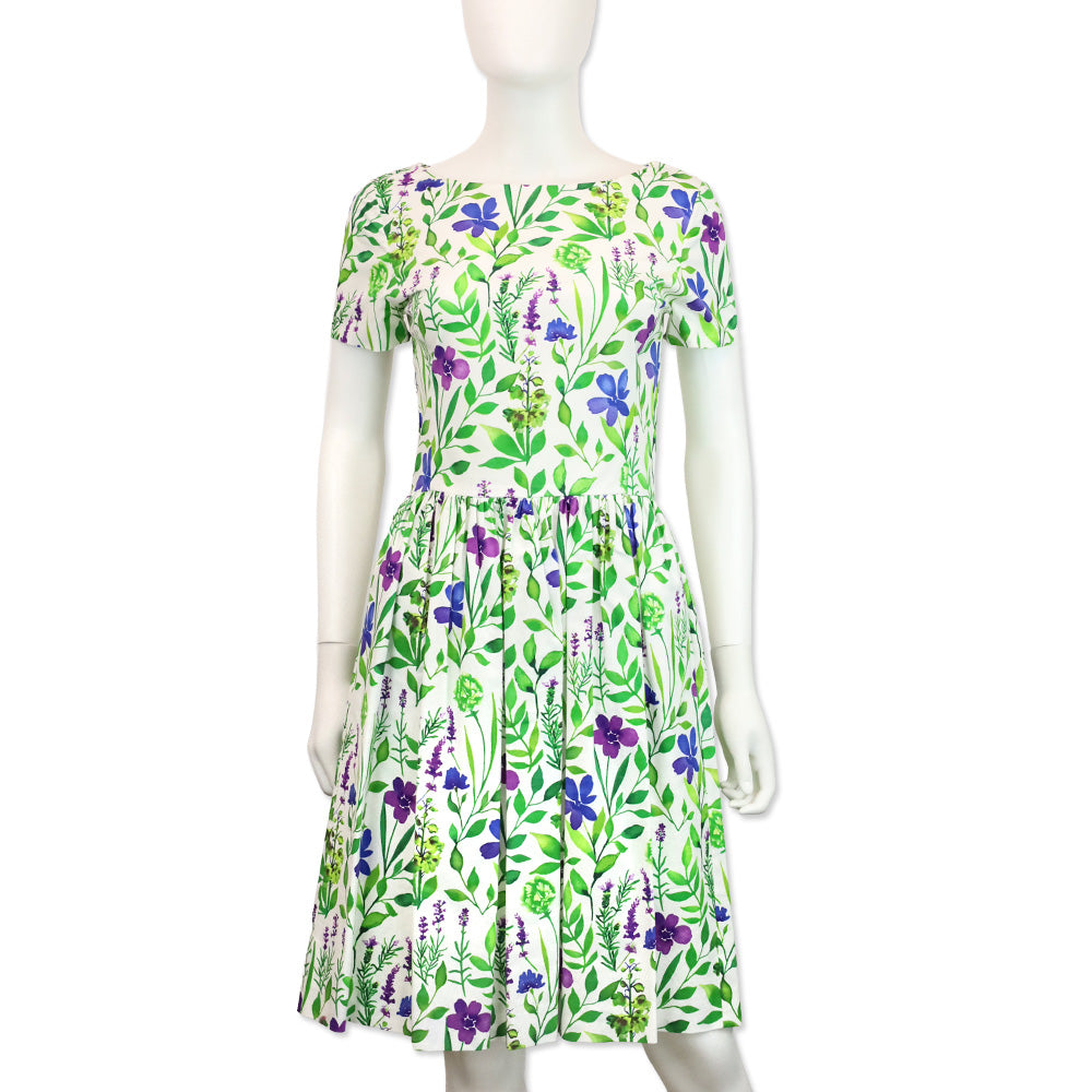 Oscar de la Renta Purple/Blue Floral Printed White Cotton Short Sleeve Midi Dress