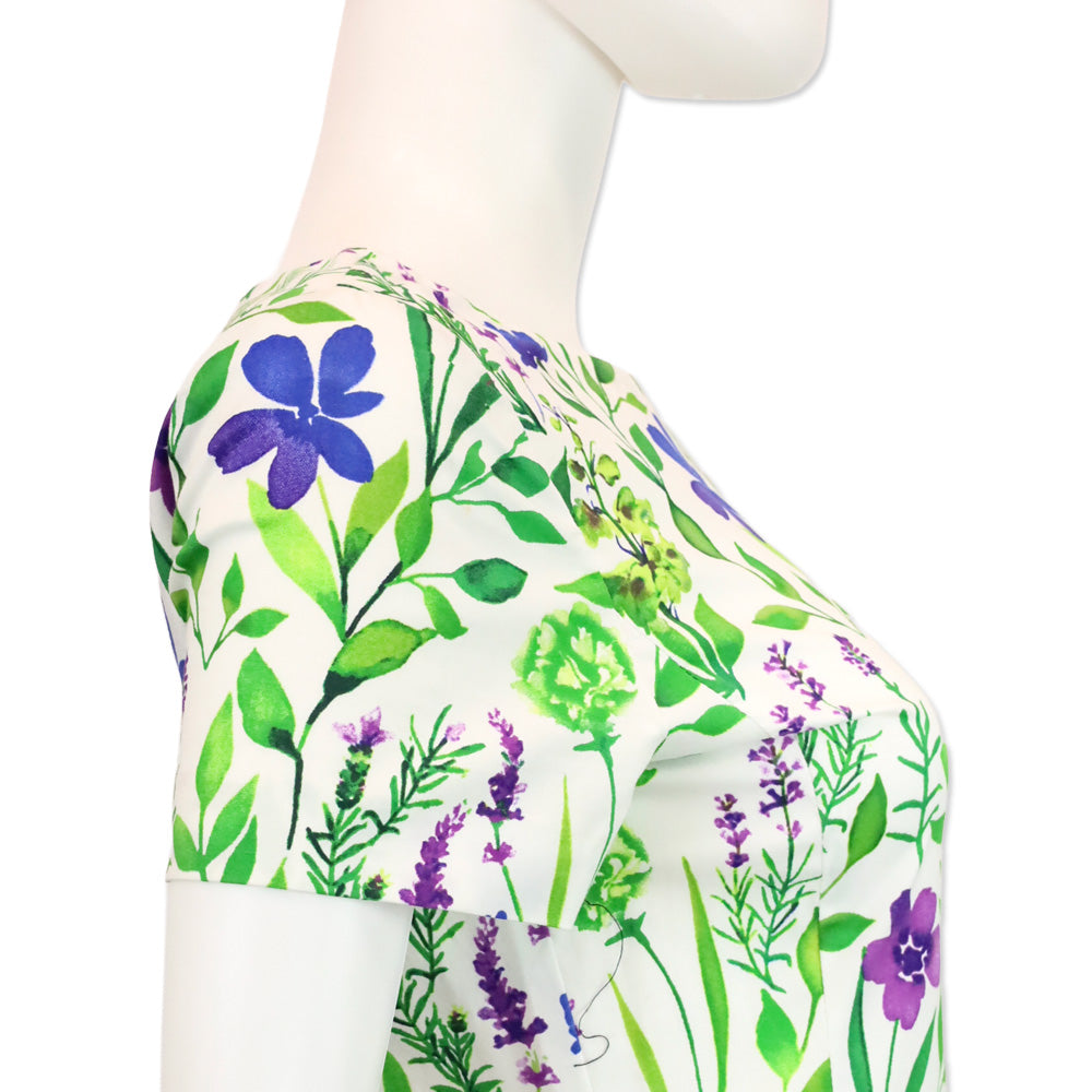 Oscar de la Renta Purple/Blue Floral Printed White Cotton Short Sleeve Midi Dress