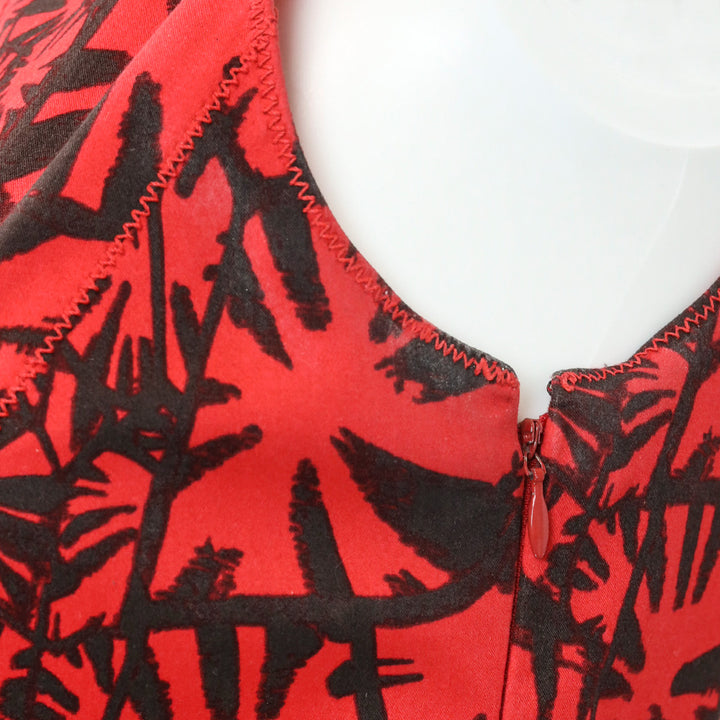 Oscar de la Renta Red/Black Floral Print Sleeveless Peplum Tail Dress