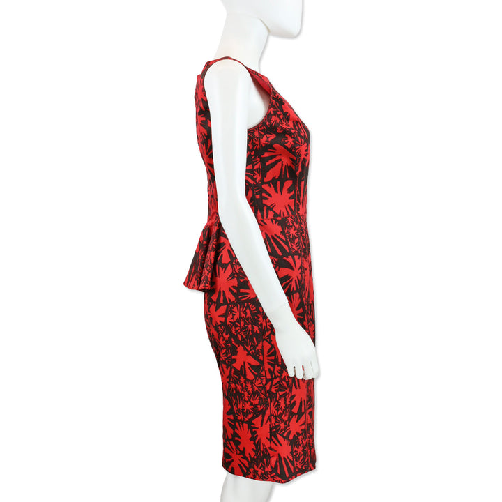 Oscar de la Renta Red/Black Floral Print Sleeveless Peplum Tail Dress