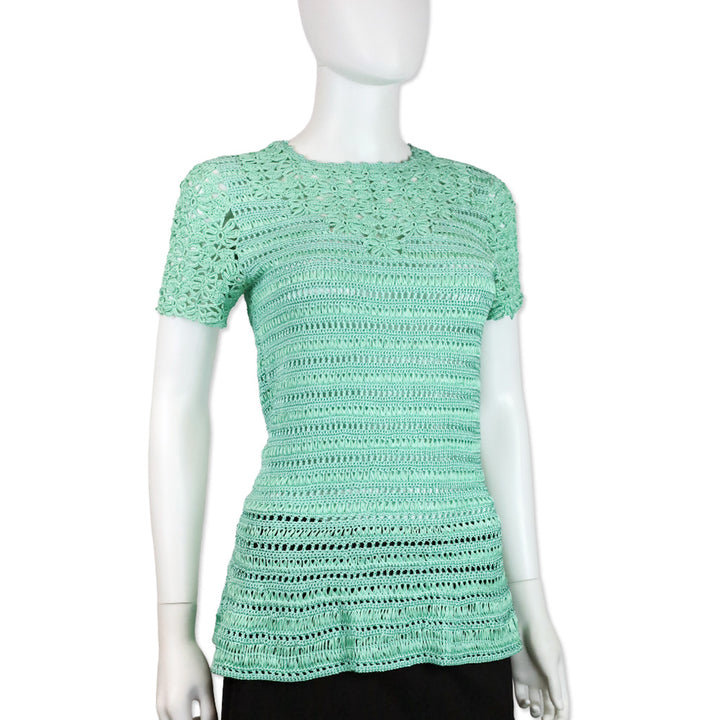 Oscar de la Renta Teal Silk Crotchet Knit Short Sleeve Top
