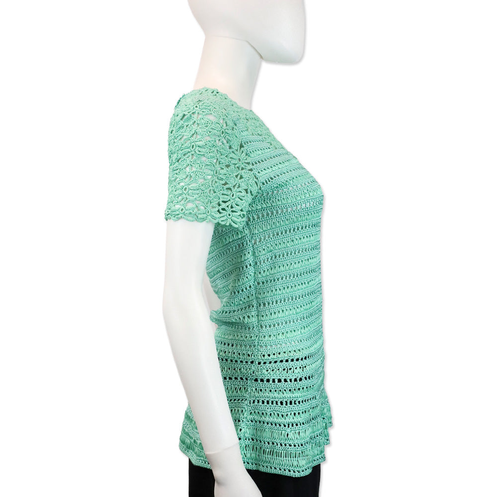 Oscar de la Renta Teal Silk Crotchet Knit Short Sleeve Top
