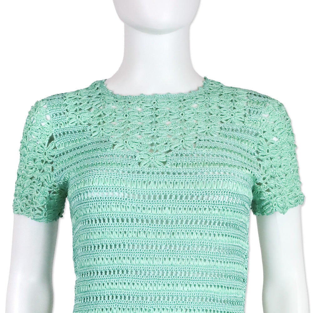 Oscar de la Renta Teal Silk Crotchet Knit Short Sleeve Top