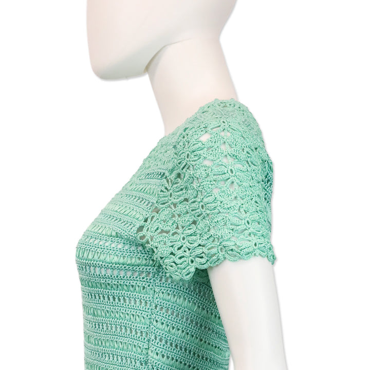 Oscar de la Renta Teal Silk Crotchet Knit Short Sleeve Top