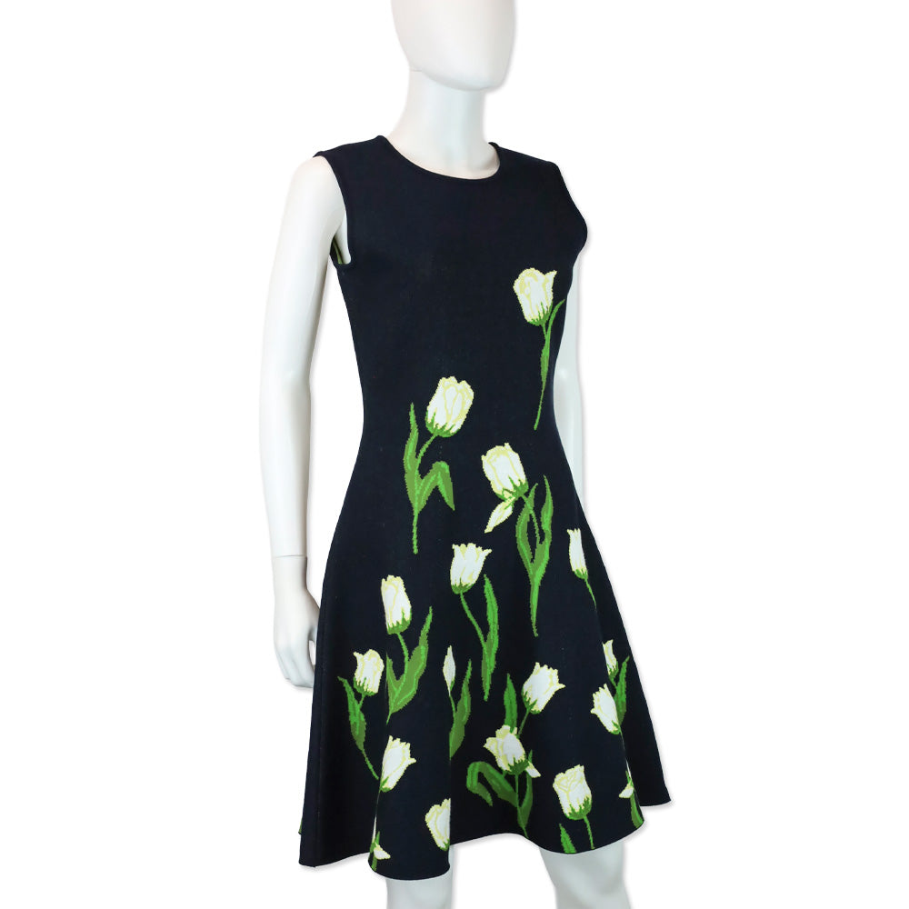 Oscar de la Renta Navy Multi Tulip Jacquard Knit Dress