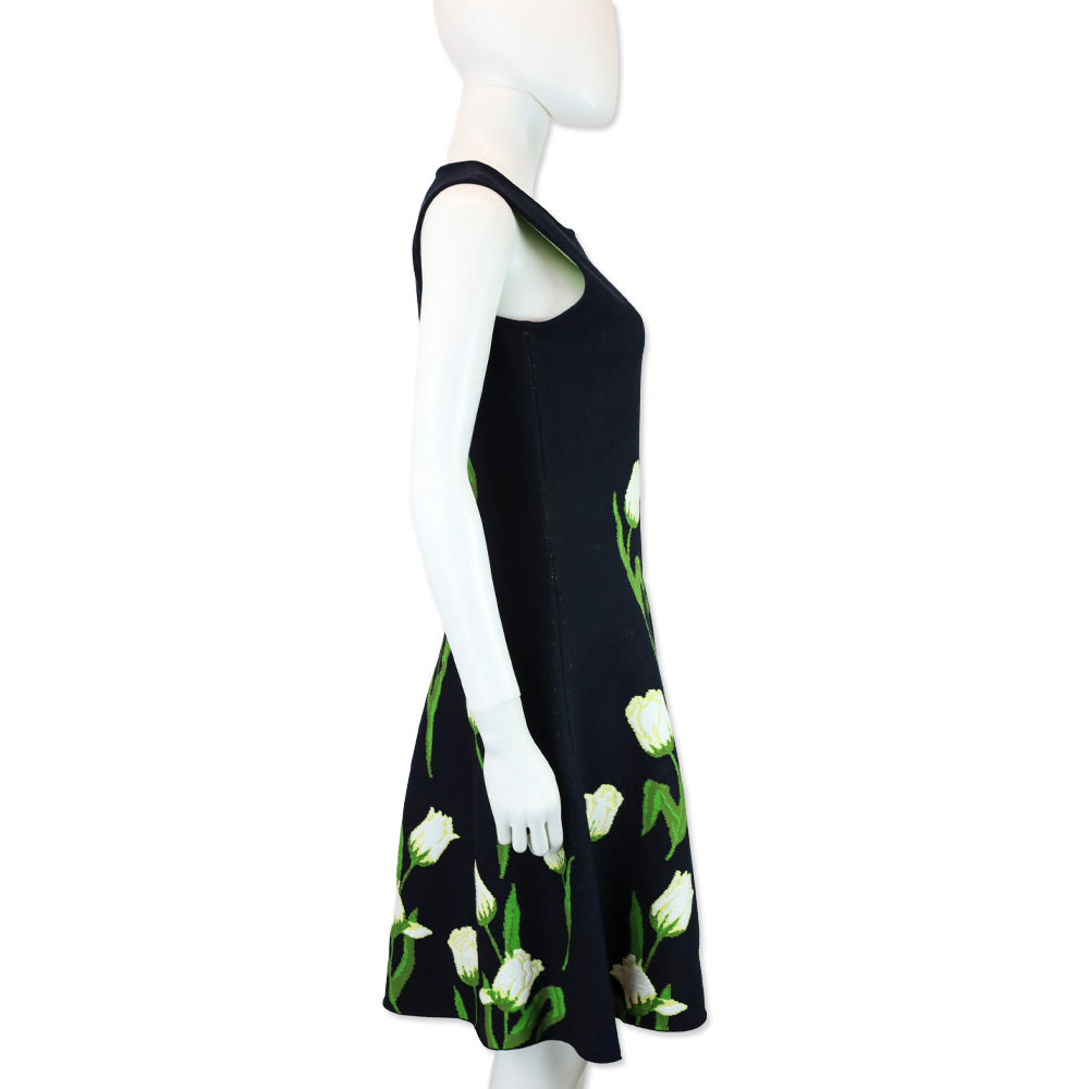 Oscar de la Renta Navy Multi Tulip Jacquard Knit Dress