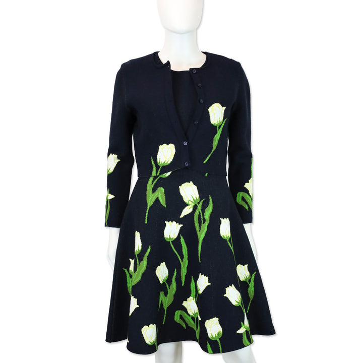 Oscar de la Renta Navy Multi Tulip Jacquard Knit Dress