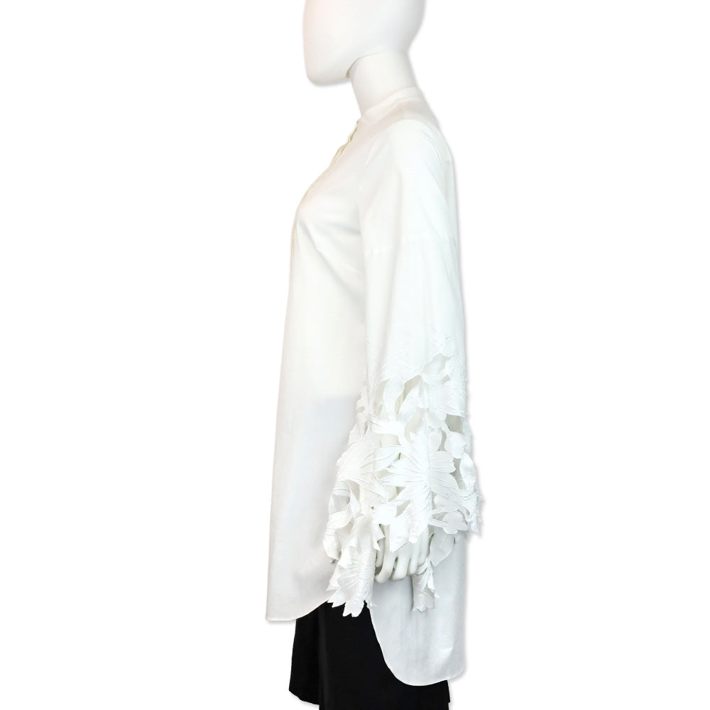 Oscar de la Renta White Floral Cutout Flare Sleeve Button-Up Shirt